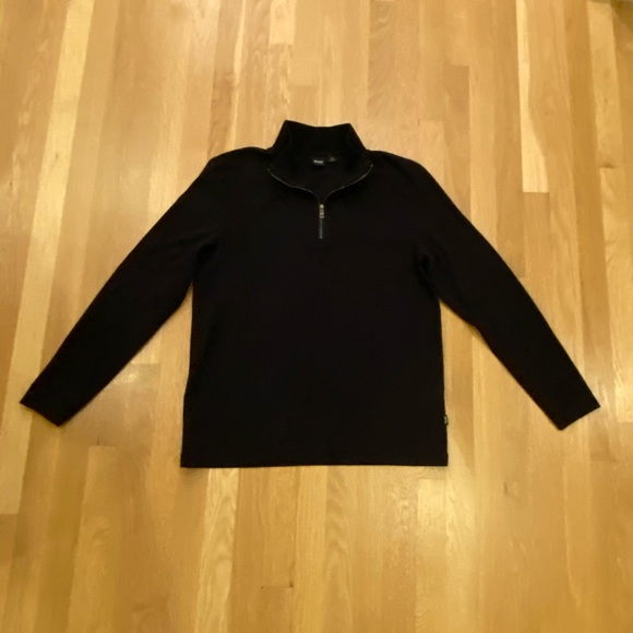Boss Hugo Boss Mens 1/4 Zip Pullover / Black Ribbed Cotton Sweatshirt  / Size L - Picture 2 of 9